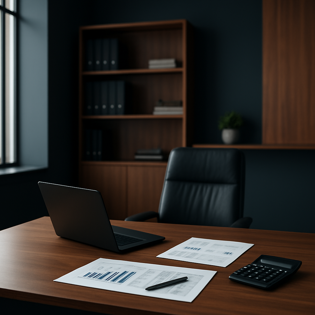 A modern accounting office with natural light and financial documents on a desk
